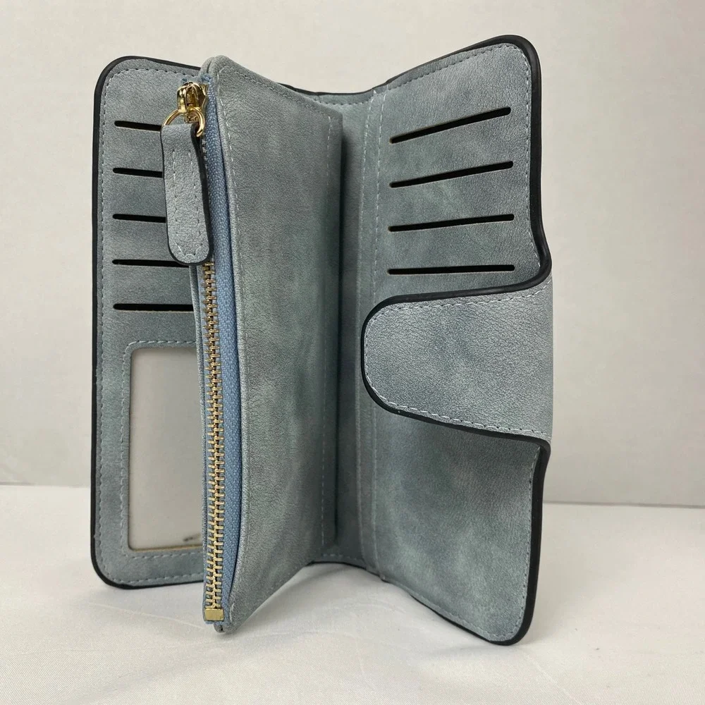 Womens Wallet Blue Faux Suede Bifold Zip Around Multi Card Holder ID Window NWT‎